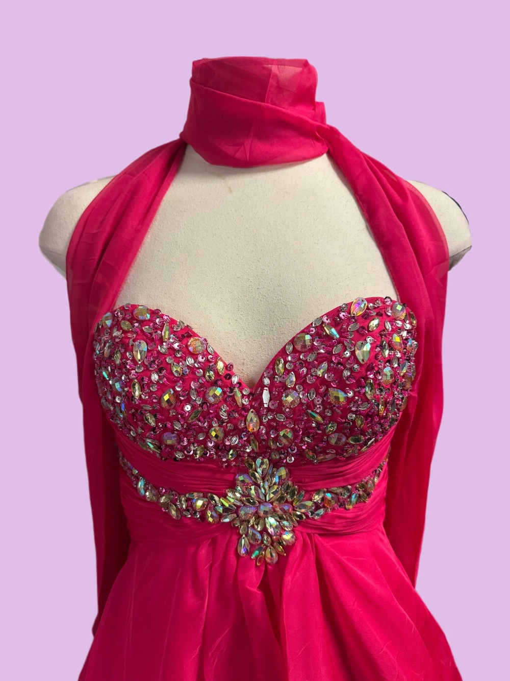 Strapless Fuchsia Beaded Evening Gown with Scarf - Picture 2 of 4